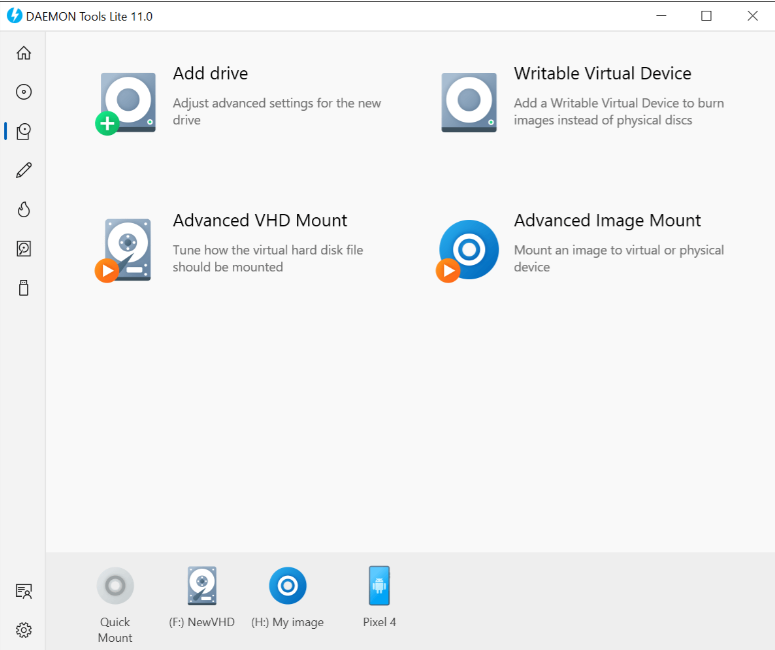 DAEMON Tools Lite شاشة محركات الأقراص مع خيارات إضافة محرك الأقراص والتركيب المتقدم